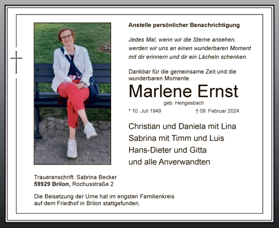 Traueranzeige von Marlene Ernst von WA