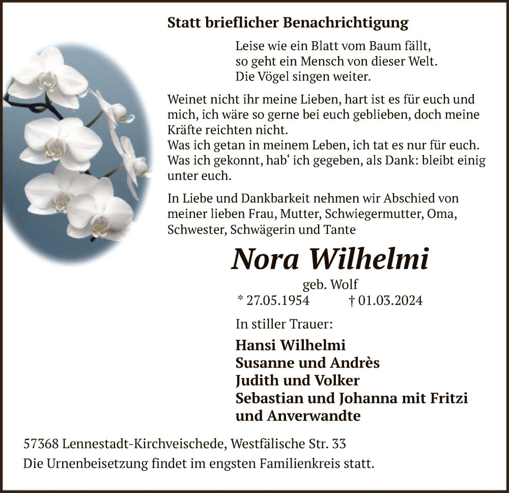 Traueranzeige für Nora Wilhelmi vom 09.03.2024 aus WA