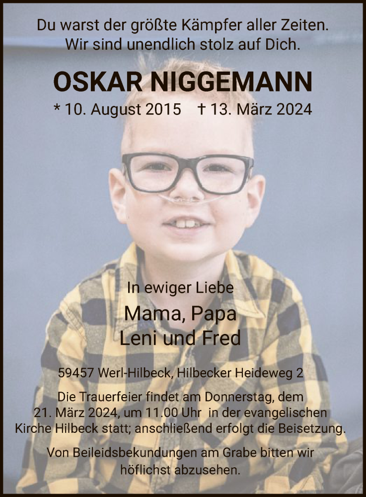  Traueranzeige für Oskar Niggemann vom 19.03.2024 aus WAWA
