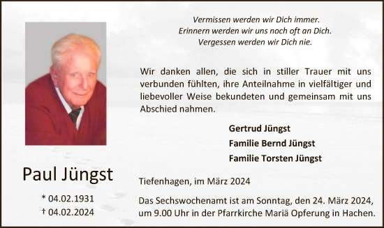 Traueranzeige von Paul Jüngst von WA