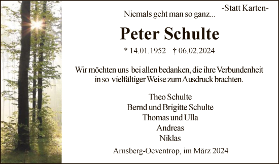Traueranzeige von Peter Schulte von WA