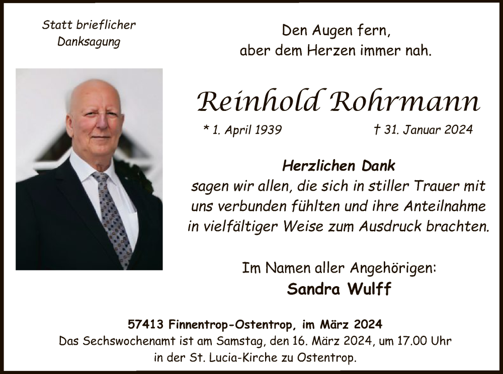  Traueranzeige für Reinhold Rohrmann vom 09.03.2024 aus WA