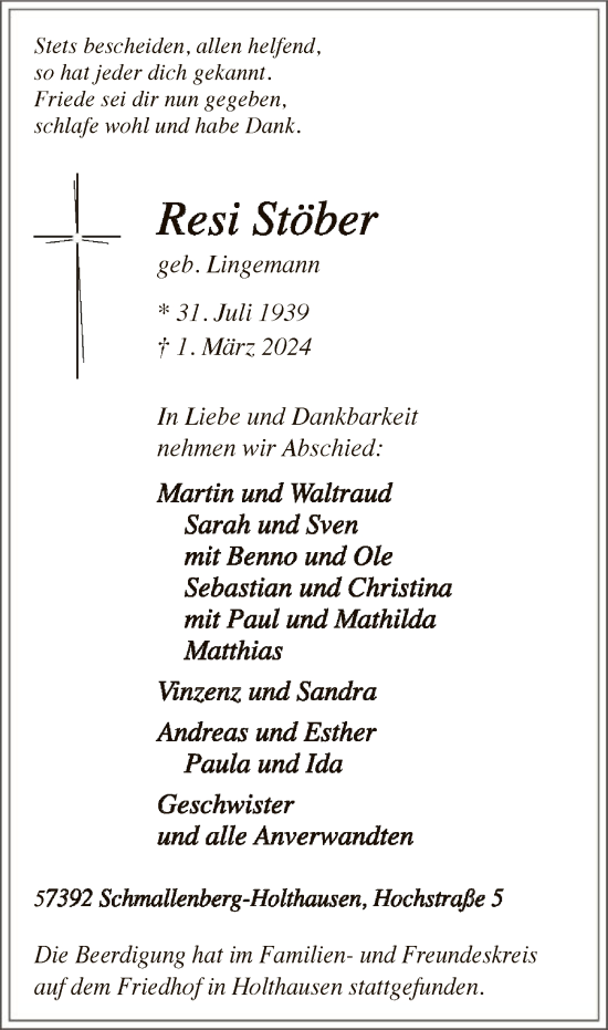 Traueranzeige von Resi Stöber von WA