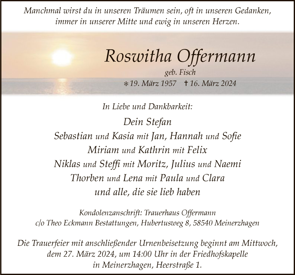  Traueranzeige für Roswitha Offermann vom 23.03.2024 aus WA