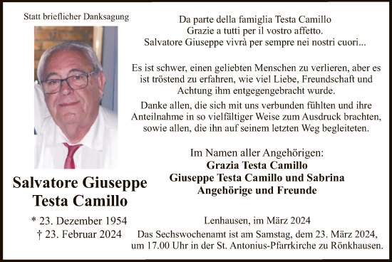 Traueranzeige von Salvatore Giuseppe Testa Camillo von WA