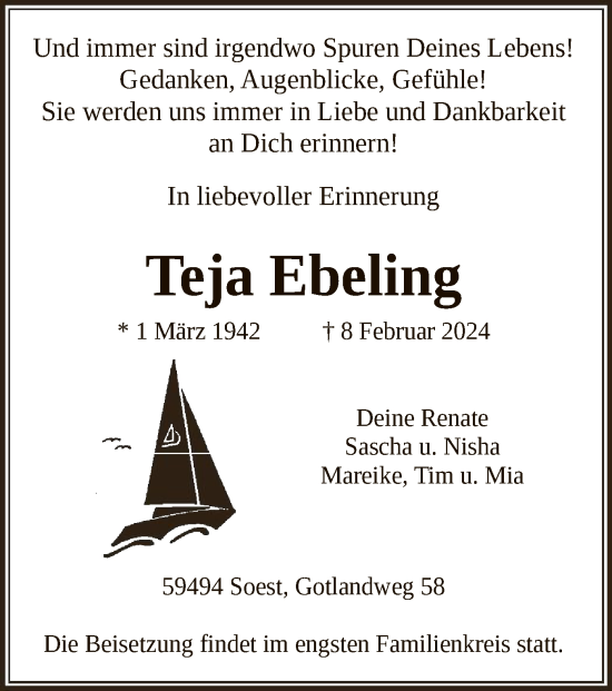 Traueranzeige von Teja Ebeling von WA