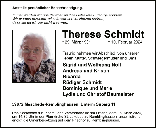 Traueranzeige von Therese Schmidt von WA