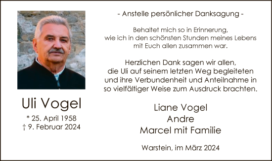 Traueranzeige von Uli Vogel von WA