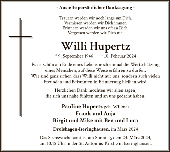 Traueranzeige von Willi Hupertz von WA