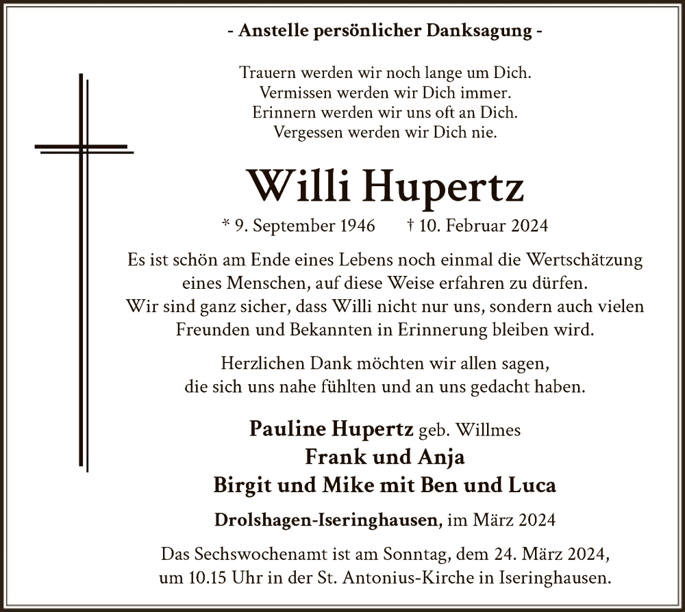  Traueranzeige für Willi Hupertz vom 16.03.2024 aus WA