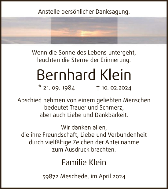 Traueranzeige von Bernhard Klein von WA