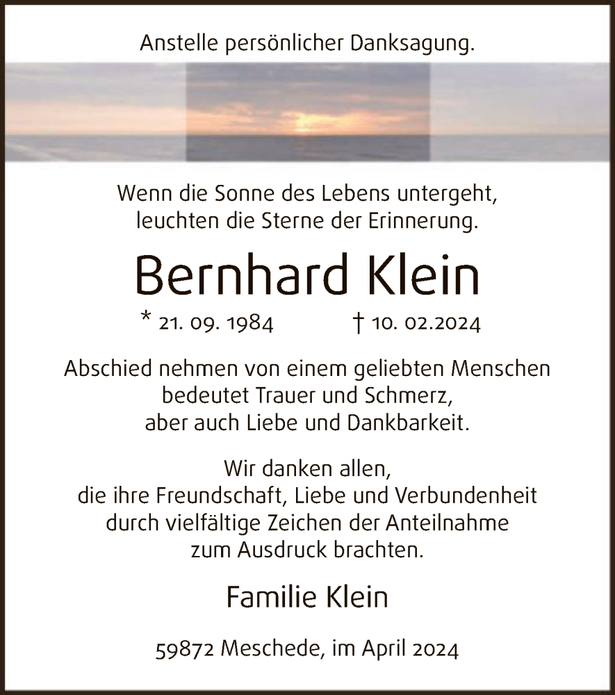  Traueranzeige für Bernhard Klein vom 06.04.2024 aus WA