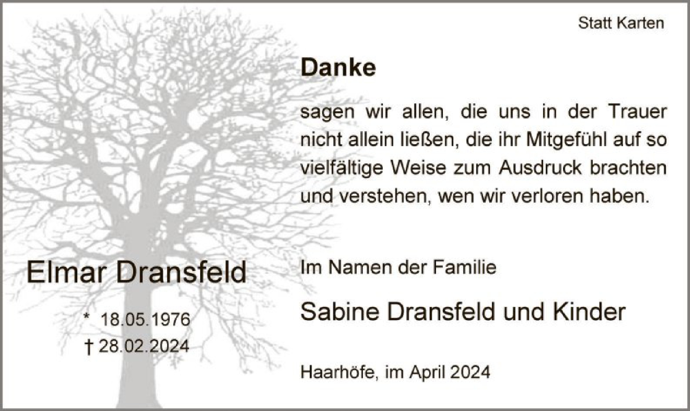  Traueranzeige für Elmar Dransfeld vom 06.04.2024 aus WA