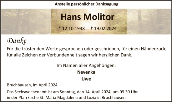 Traueranzeige von Hans Molitor von WA