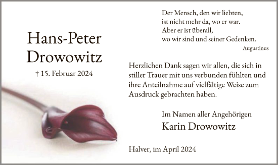 Traueranzeige von Hans-Peter Drowowitz von WA