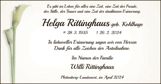 Traueranzeige von Helga Rittinghaus von WA