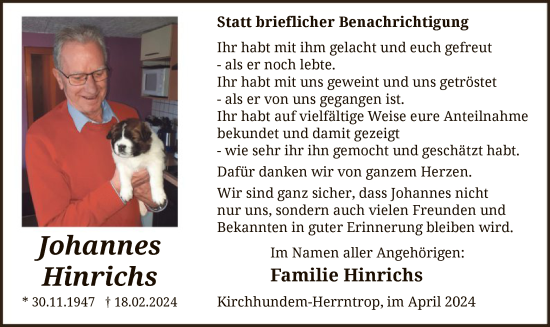 Traueranzeige von Johannes Hinrichs von WA