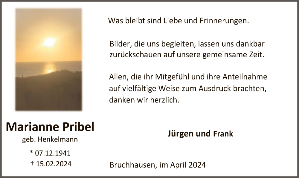  Traueranzeige für Marianne Pribel vom 06.04.2024 aus WA