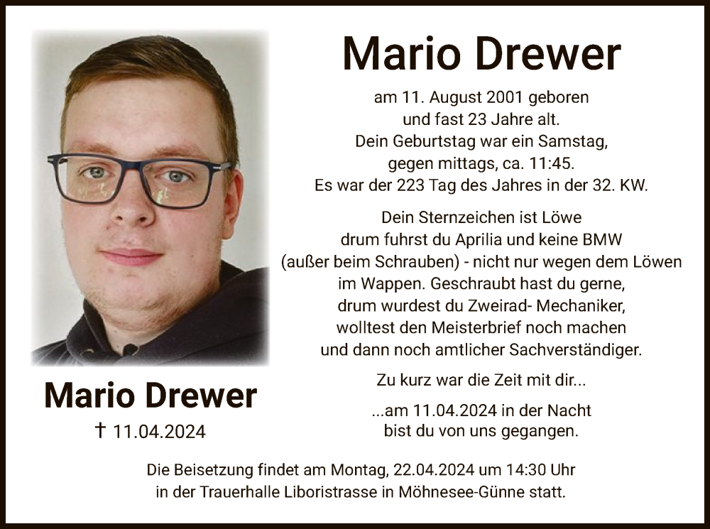  Traueranzeige für Mario Drewer vom 20.04.2024 aus WA