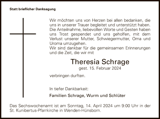Traueranzeige von Theresia Schrage von WA