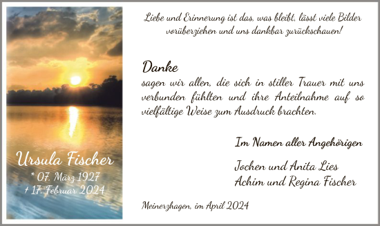 Traueranzeige von Ursula Fischer von WA