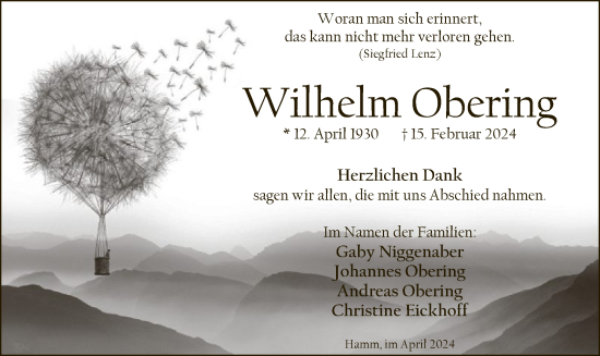 Traueranzeige von Wilhelm Obering von WA