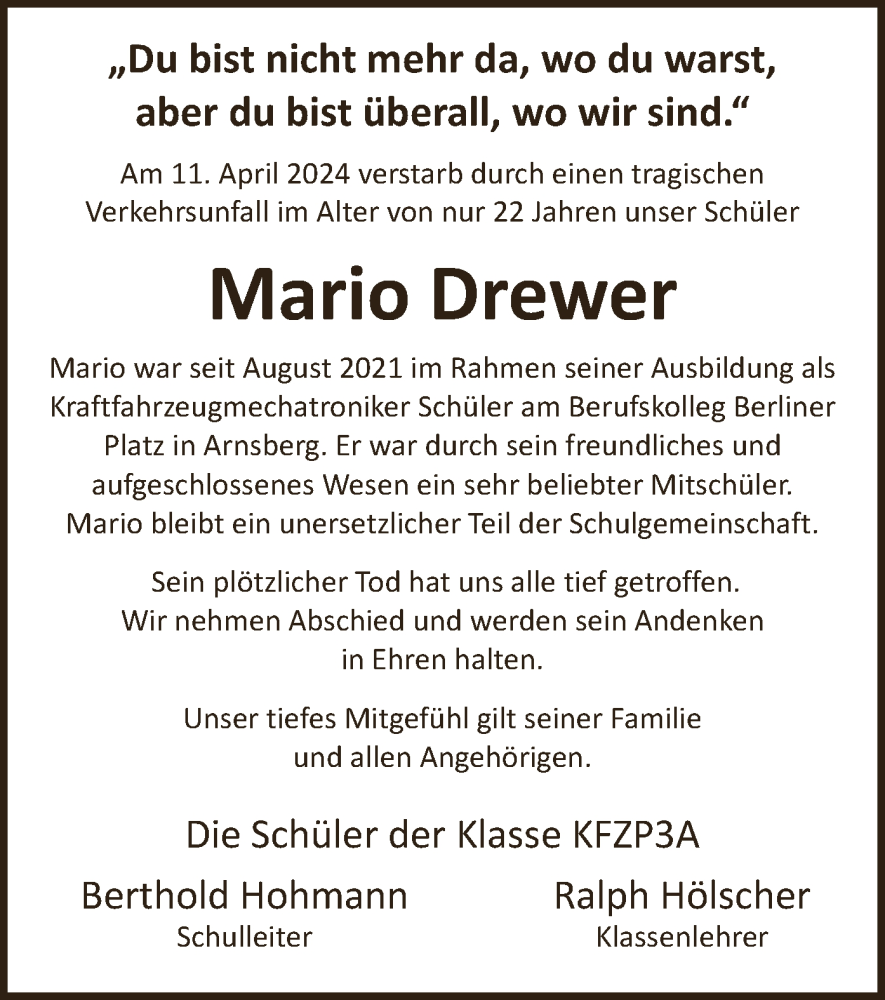  Traueranzeige für Mario Drewer vom 23.05.2024 aus WA