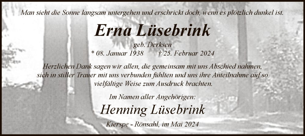 Traueranzeige für Erna Lüsebrink vom 04.05.2024 aus WA