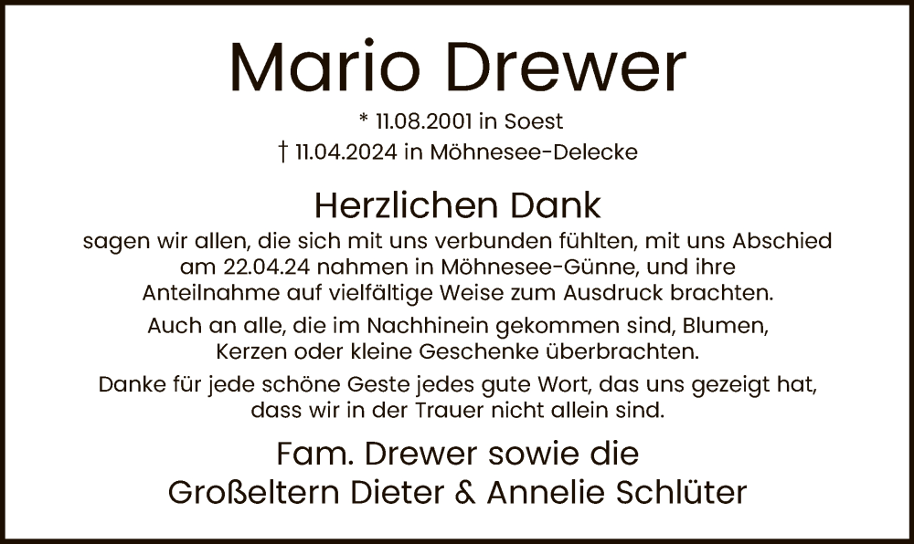  Traueranzeige für Mario Drewer vom 25.05.2024 aus WA