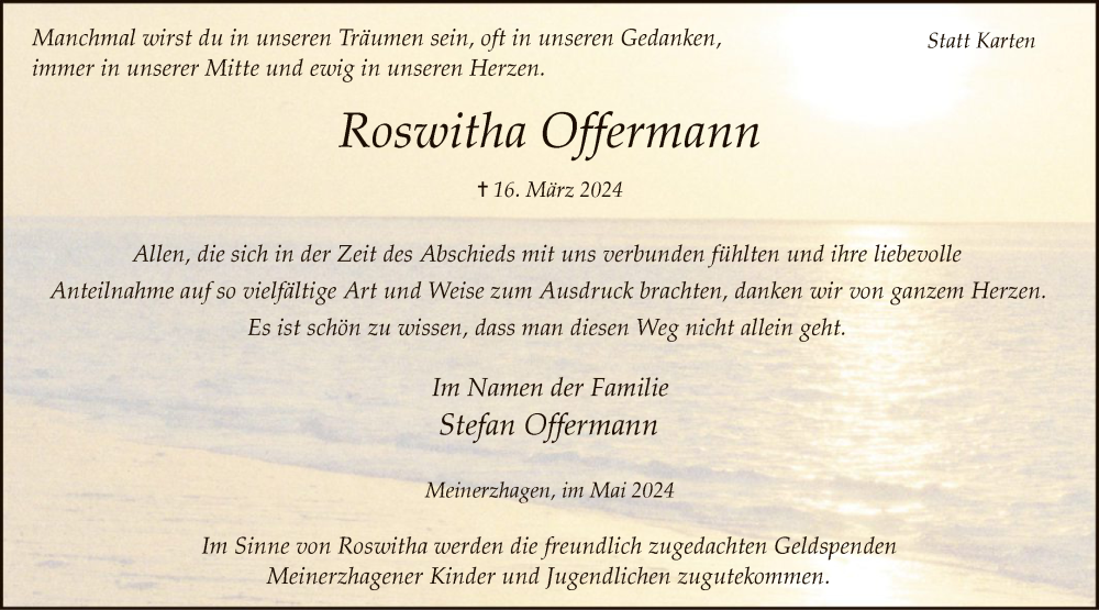  Traueranzeige für Roswitha Offermann vom 11.05.2024 aus WA