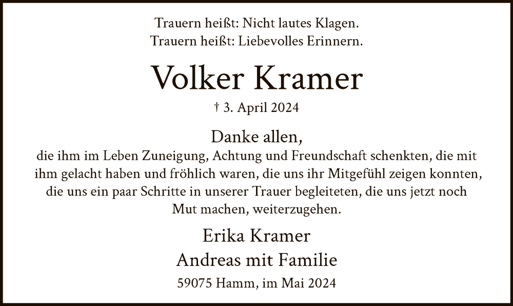  Traueranzeige für Volker Kramer vom 18.05.2024 aus WA