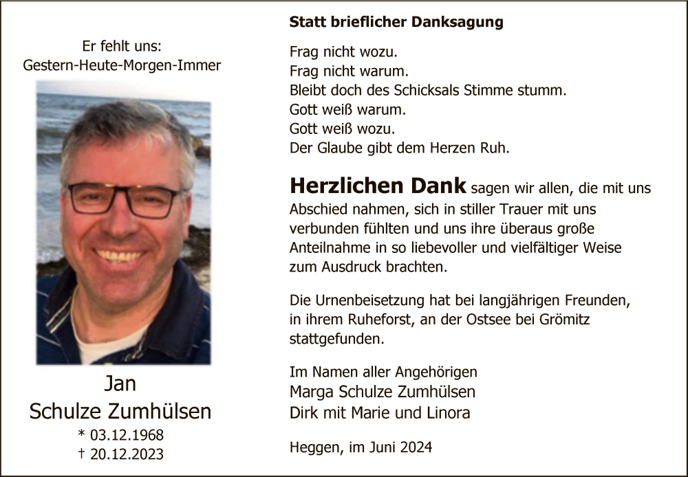  Traueranzeige für Jan Schulze Zumhülsen vom 22.06.2024 aus WA