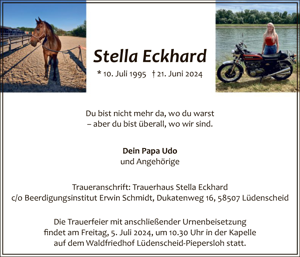  Traueranzeige für Stella Eckhard vom 27.06.2024 aus WA