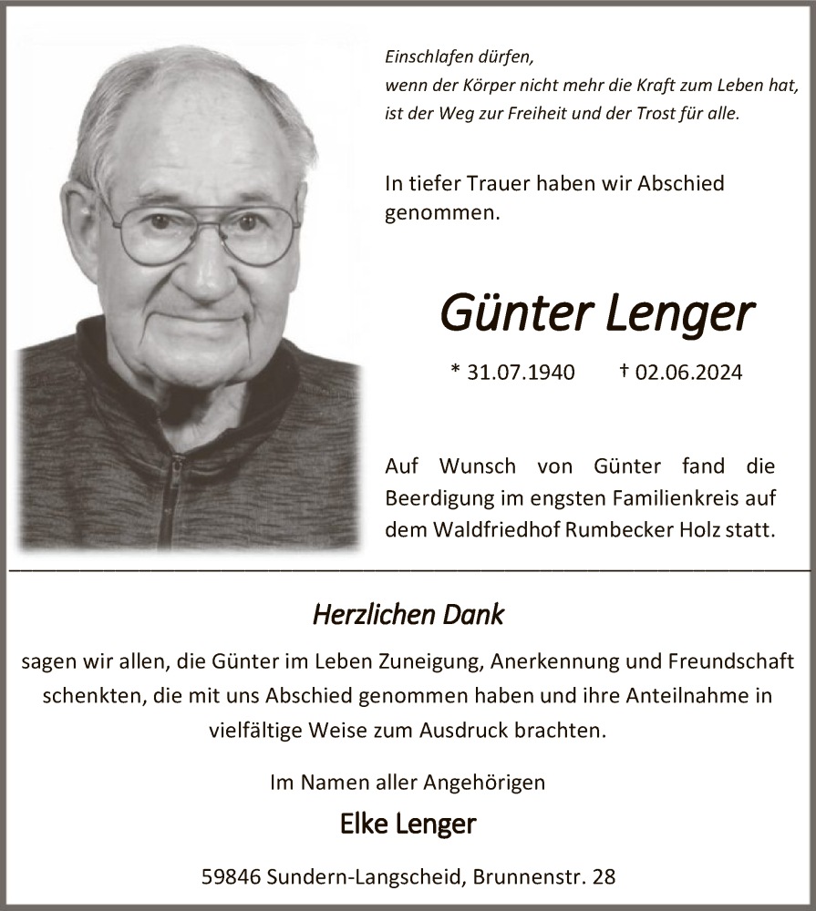  Traueranzeige für Günter Lenger vom 13.07.2024 aus WA