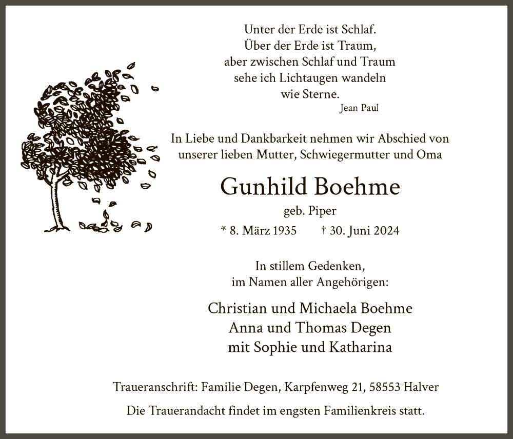  Traueranzeige für Gunhild Boehme vom 09.07.2024 aus WA