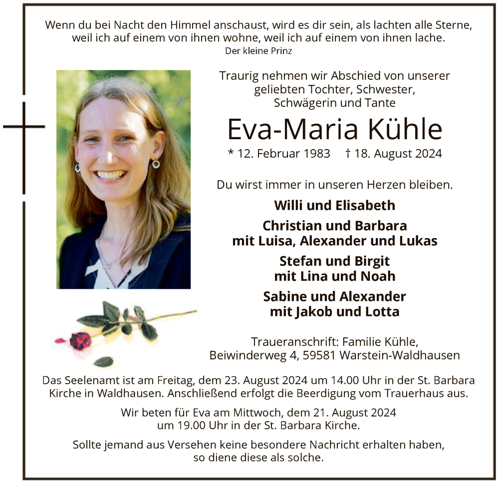  Traueranzeige für Eva-Maria Kühle vom 21.08.2024 aus WA
