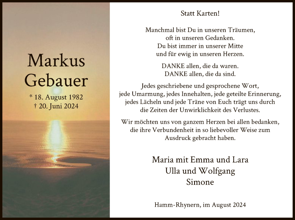  Traueranzeige für Markus Gebauer vom 24.08.2024 aus WA
