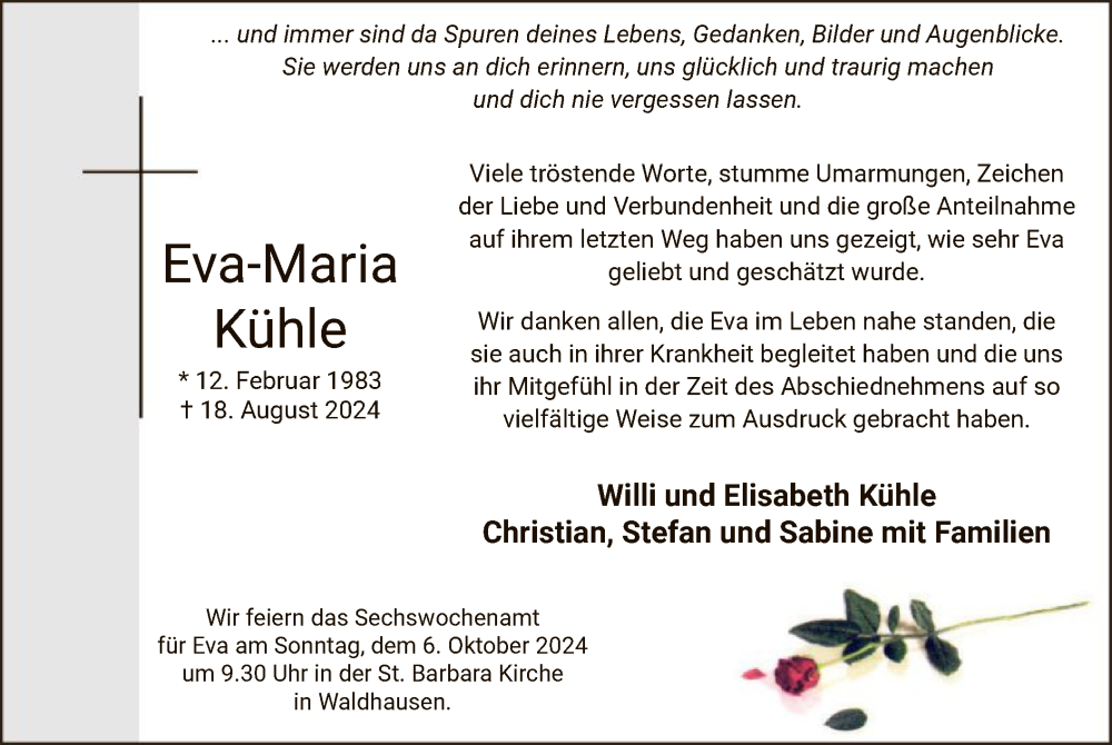  Traueranzeige für Eva-Maria Kühle vom 27.09.2024 aus WA
