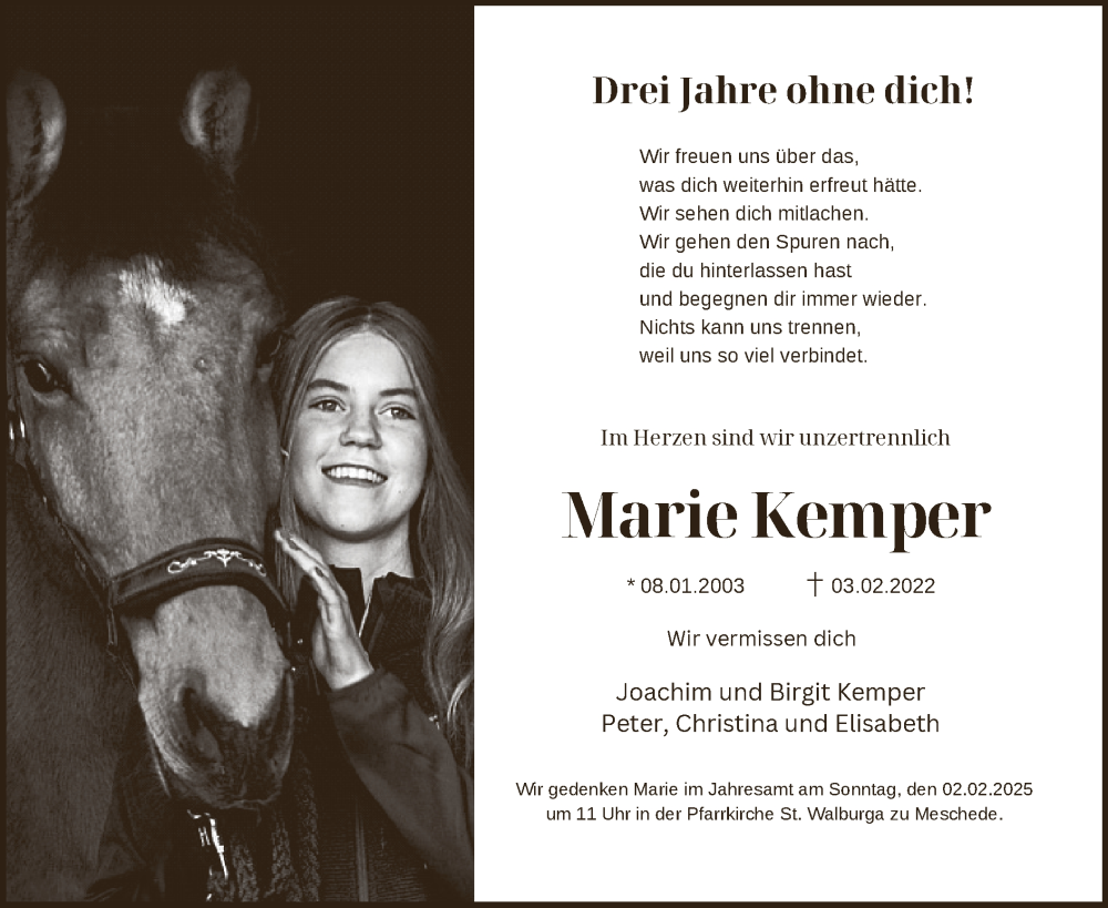  Traueranzeige für Marie Kemper vom 25.01.2025 aus WA