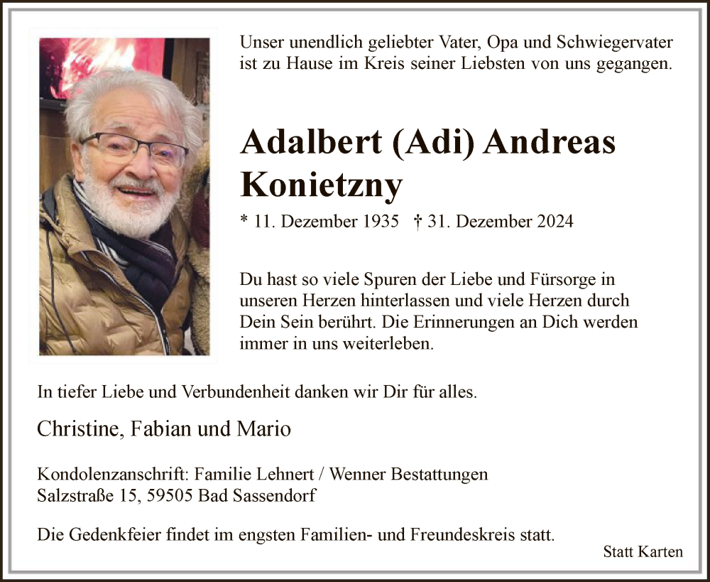  Traueranzeige für Adalbert Andreas Konietzny vom 11.01.2025 aus WAWA