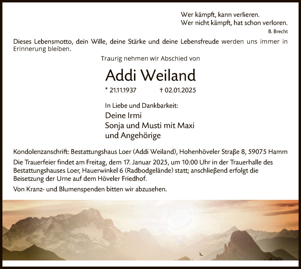  Traueranzeige für Addi Weiland vom 11.01.2025 aus WA