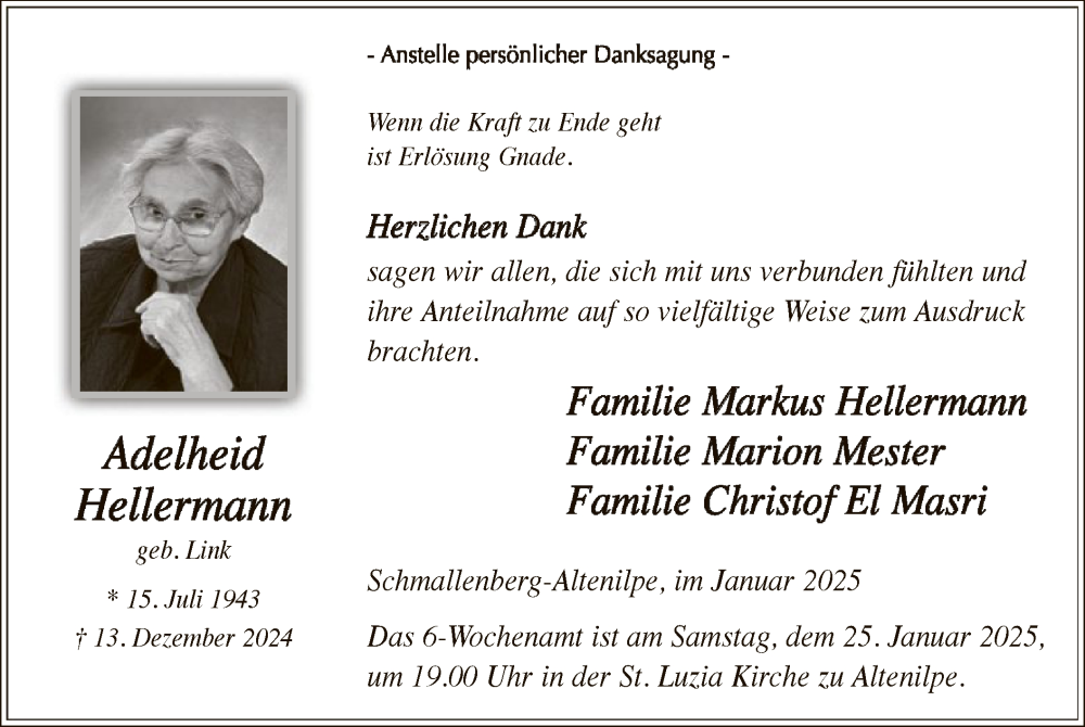  Traueranzeige für Adelheid Hellermann vom 18.01.2025 aus WA