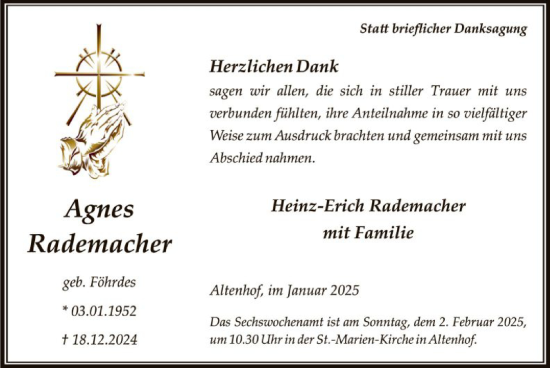 Traueranzeige von Agnes Rademacher von WA