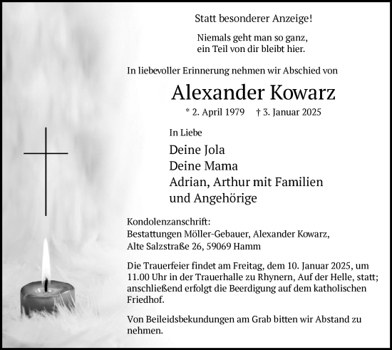 Traueranzeige von Alexander Kowarz von WA