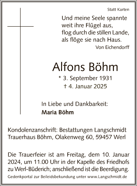 Traueranzeige von Alfons Böhm von WA