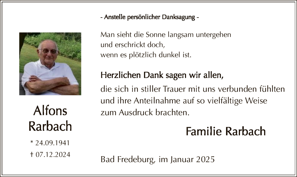  Traueranzeige für Alfons Rarbach vom 18.01.2025 aus WA