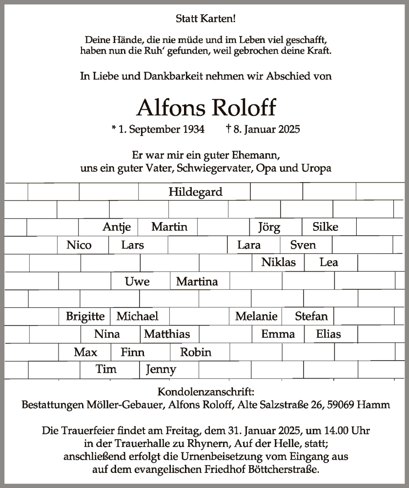  Traueranzeige für Alfons Roloff vom 18.01.2025 aus WA