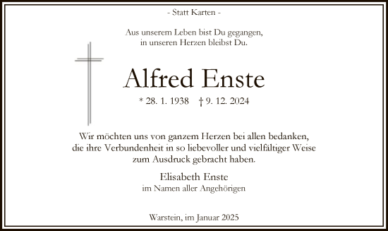 Traueranzeige von Alfred Enste von WA