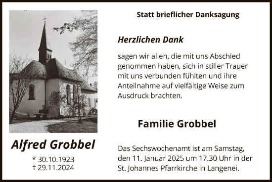 Traueranzeige von Alfred Grobbel von WA