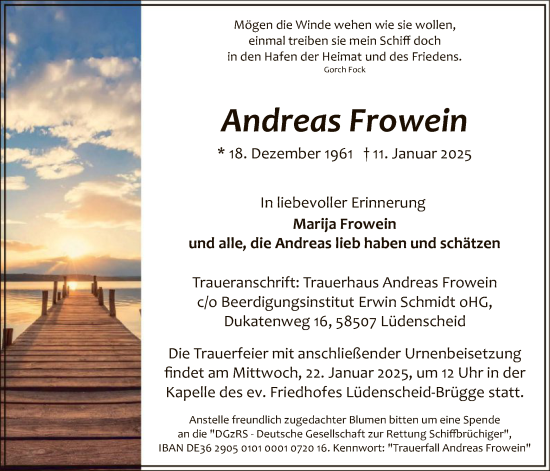 Traueranzeige von Andreas Frowein von WA